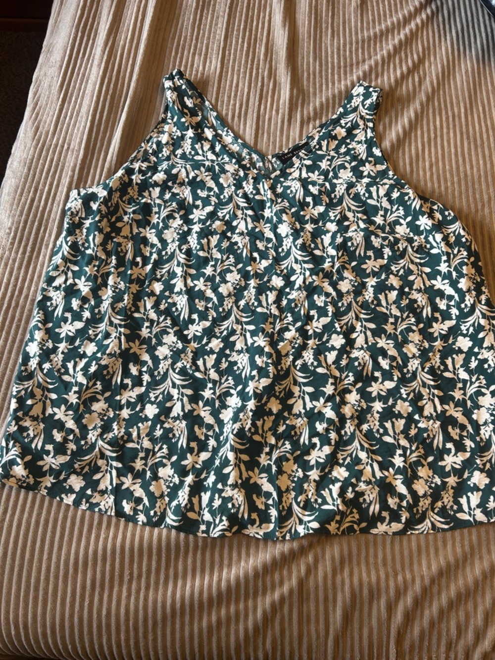 Lane Bryant Forest Green and White Floral V-Neck Tank